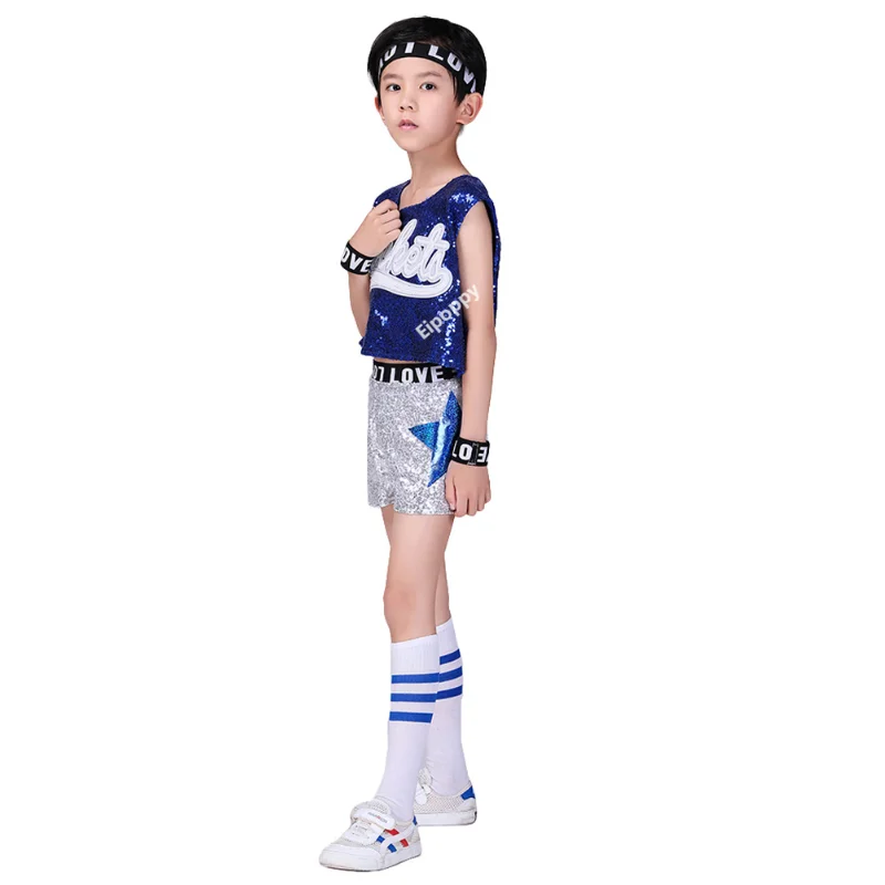 Kids Girls Boys Sequin Uniforms Outfit Cheerleader Clothing Crop Top & Skirt/ Shorts Set Street Dance Jazz Costumes