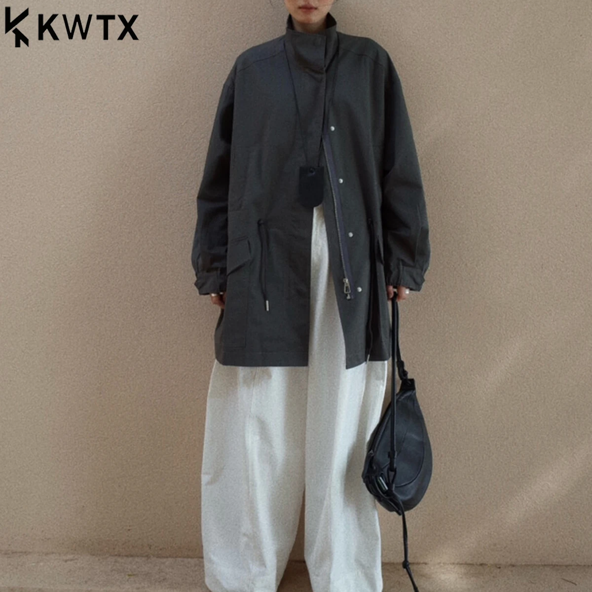 

KWTX Women’s Trench Coat Jacket Zipper Oversized Solid Color Casual Minimalist Round Neck Belted Comfy Elegant Premium Fall 2025