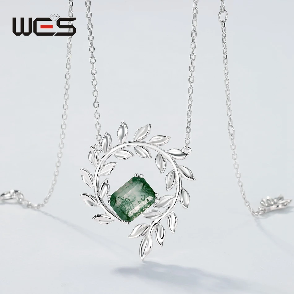 WES 925 Sterling Silver Olive Branch Necklace for Woman With Natural Moss Agate Unique Gifts for Lady Engagement Jewelry