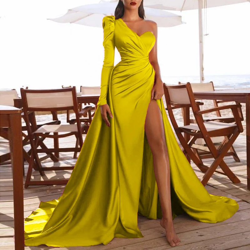 Neues lang ärmel iges Satin kleid lange rote Abdeckung Bauch Drag Tail Bankett Brautjungfer Abendkleid großer Swing Rock