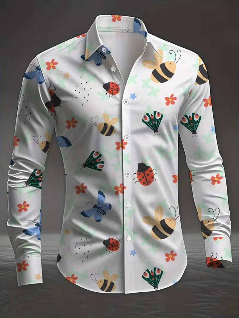 New Men's 3D Butterfly Printed Long Sleeved Shirt, Casual and Fashionable Street Men's Shirt, Lapel Top