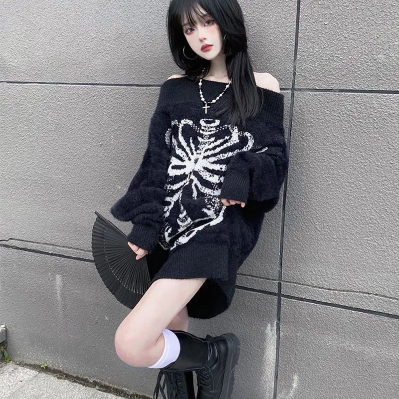 Skull embroidered Punk Aesthetic Loose pullover sweater Subculture y2k E-girls casual tops vintage Harajuku gothic chic sweater