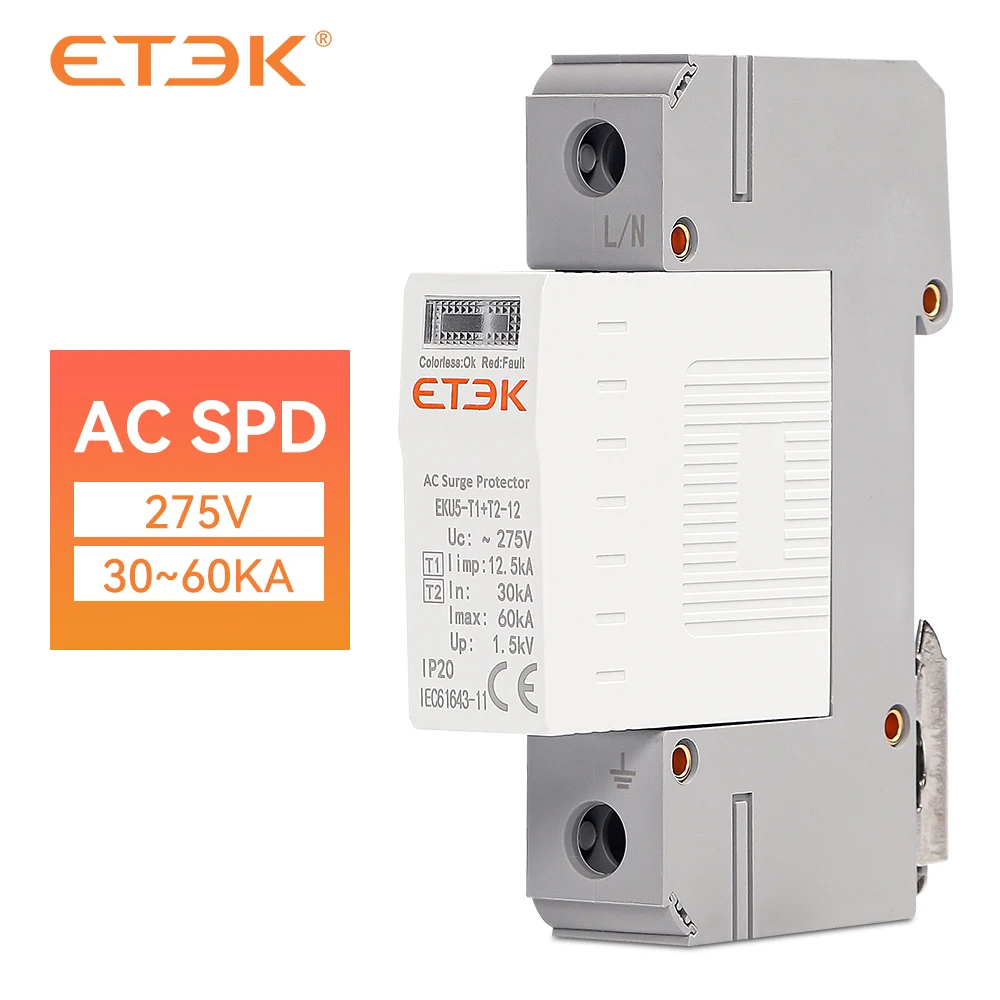 ETEK SPD House Surge Protective Device 275V Protector Arrester Protection Type T1+T2 AC 1P 20KA~40KA EKU5