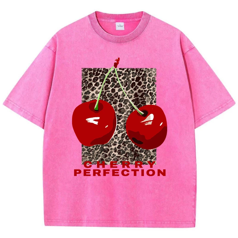 Cherries Washed T Shirt Women Cotton Leopard Print Oversize Tops Vintage Black O-Neck T-Shirts Summer Street Tees Woman Clothes