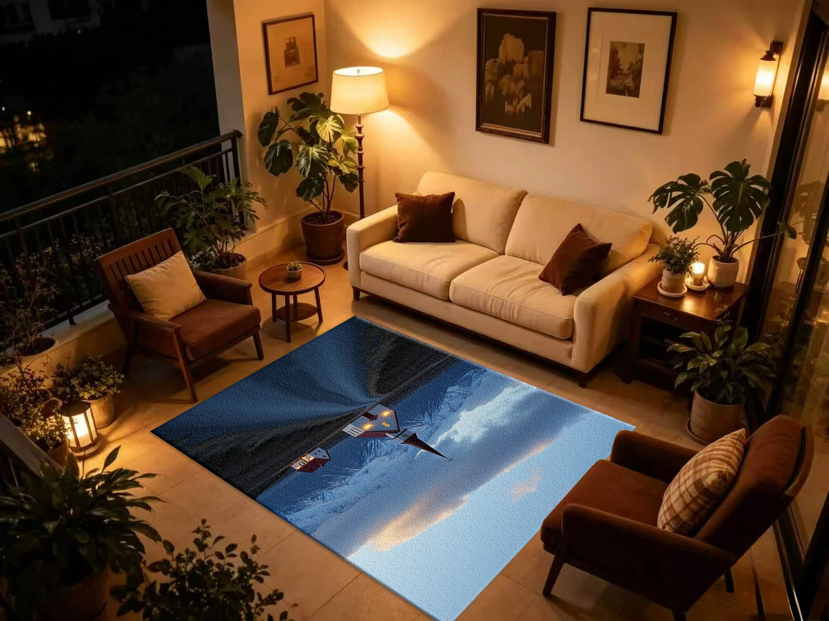 Iceland Style Country Church Snow Mountain Sunset Carpet Flooring, Nordic Nature Landscape Non-Slip Area Rug for Home Living Room Floor Mat