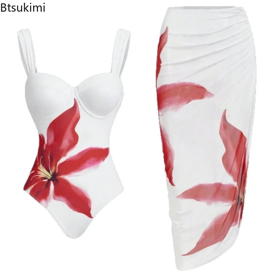 Women's One Piece Swimsuit Floral Printed Style Slim Fit Sexy Beach Skirt Bikini Sets Hot Spring Swimwear Set Bathing Suit New