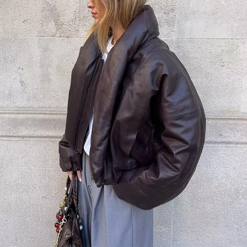 Womens Cotton Jacket With Stand Collar Oversized Leather Design Zip Up Cotton Jacket Stylish And Versatile Winter Essential