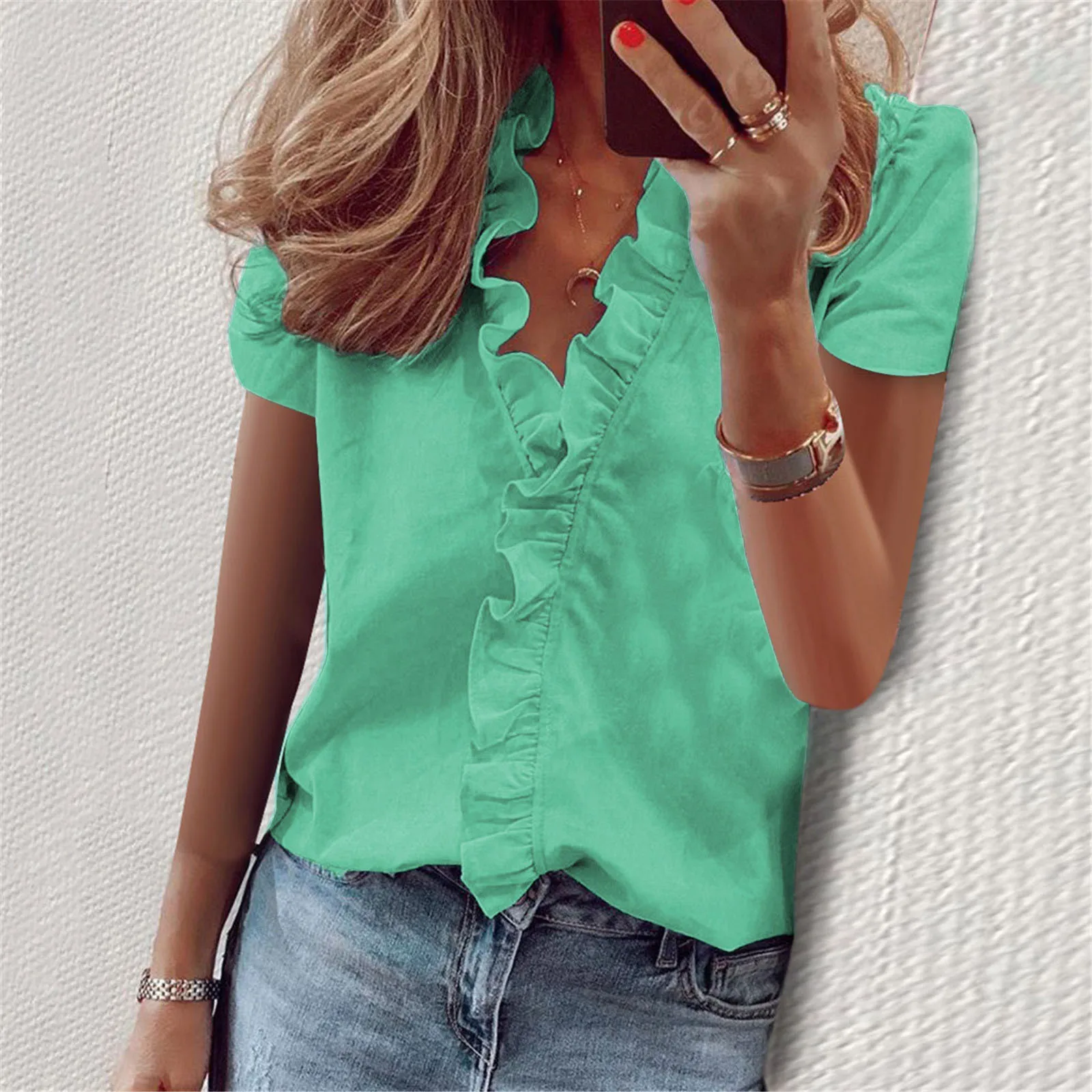 

Fashion Women Summer T-Shirts Ruffles Decor V-Neck Print Short Sleeve Casual Women Shirts Pullovers Top Lady Streetwear 2023