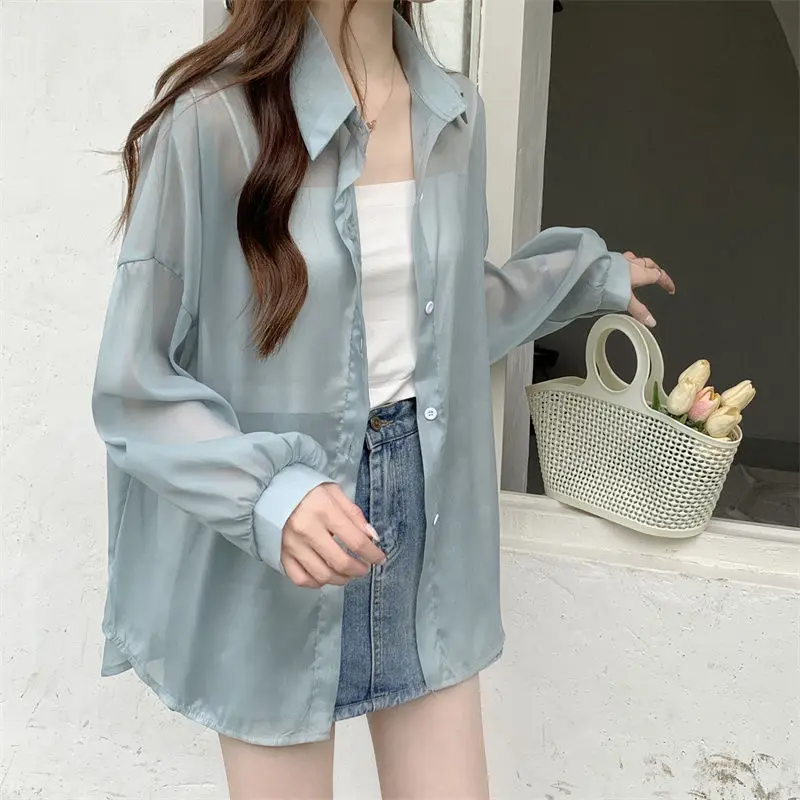 Women Sunscreen Shirt Long Sleeve 2024 Summer Thin Transparent Blouses Lady Coats Femal Casual Loose Shirts Fashion Streetwear