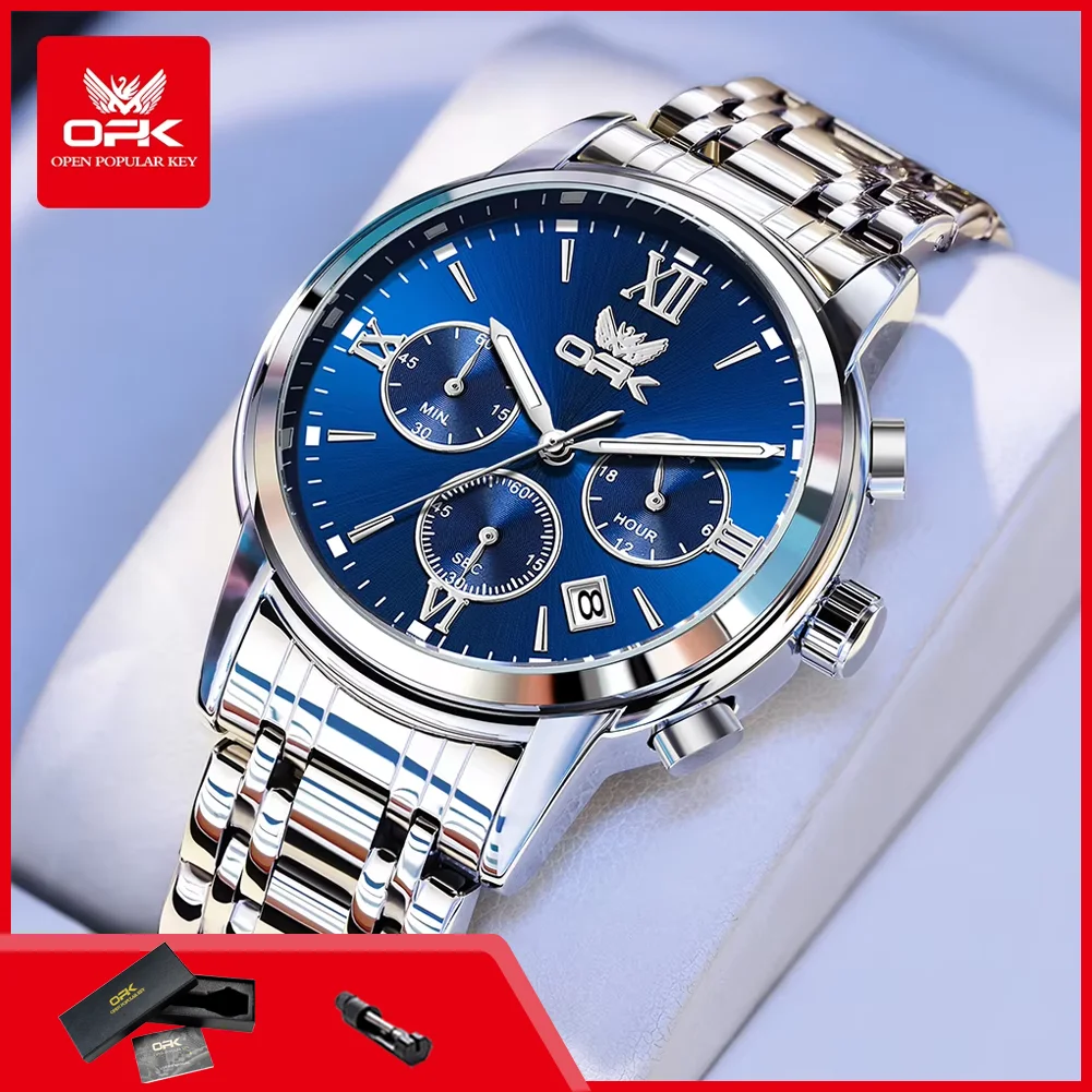 OPK 6047 Men's Watches Classic Chronograph Quartz Wrist Watches for Man Steel Strap Waterproof Luminous Auto Date Hand Clocks
