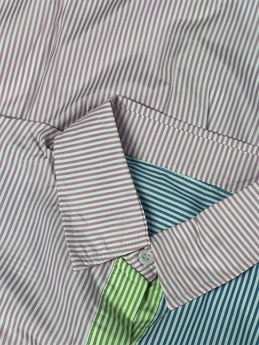 Camisa feminina casual cor doce com detalhes listrados e retalhos de mangas compridas tecido leve e um visual diário chique