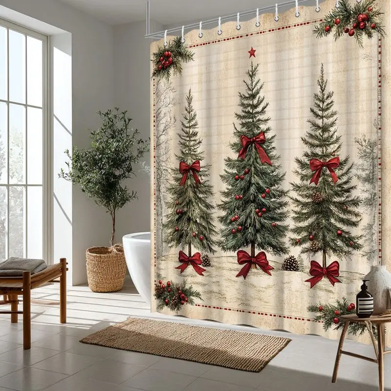 VIKAMA Vintage Christmas Tree Shower Curtain for Bathroom, Pine Tree Red Bow & Berry Print, Rustic Bath Curtain with Border
