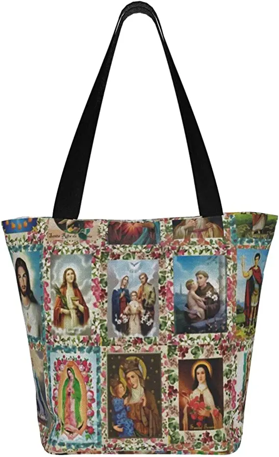 Catholic Saints Images Crew Reusable Tote Bag Women Large Casual Handbag Shoulder Bags for Shopping Groceries Travel Outdoors