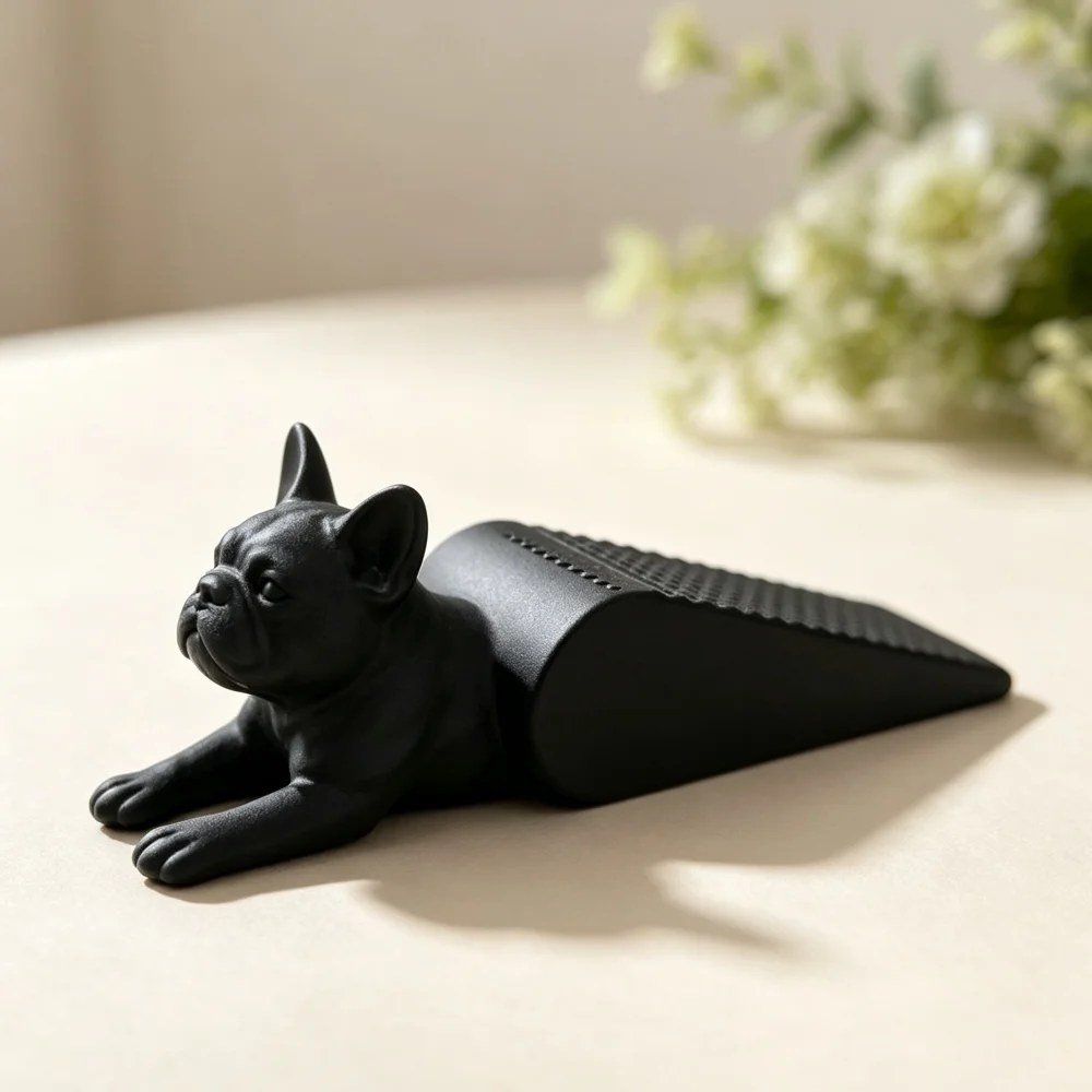 3D Printed Cute black dog shape door wedge stopper matte finish for coffee shop home entrance floor keeping open