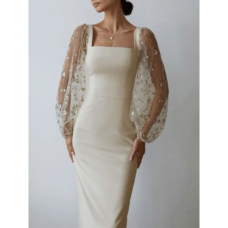 TΣ Vierkante Hals Kant Pure Mouwen Max Jurken Dames 2026 Stijlvolle Effen Elegante Geborduurde Bodycon Feestjurk 147538