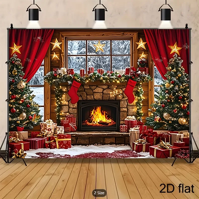 VIKAMA Stone Fireplace Christmas Tapestry, Red Stockings Curtains Trees, Xmas Wall Hanging for Living Room Bedroom Decor