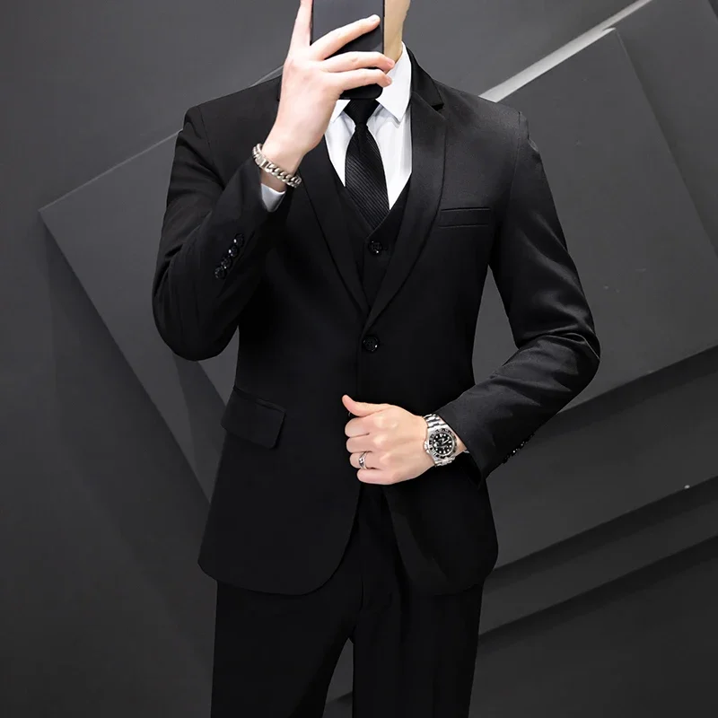 Mens Suits (blazer+vest+pants) Fashion Business Casual Hosts The Korean Version of Slim Gentleman Wedding Work Suit Size M-8XL