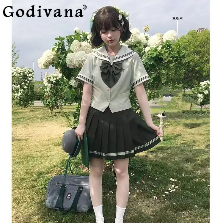 

Original Japanese College Style Sweet Sailor Uniform Girl's Cute Bow Tie Short-sleeved Embroidered Top Mini Skirt 2-piece Set