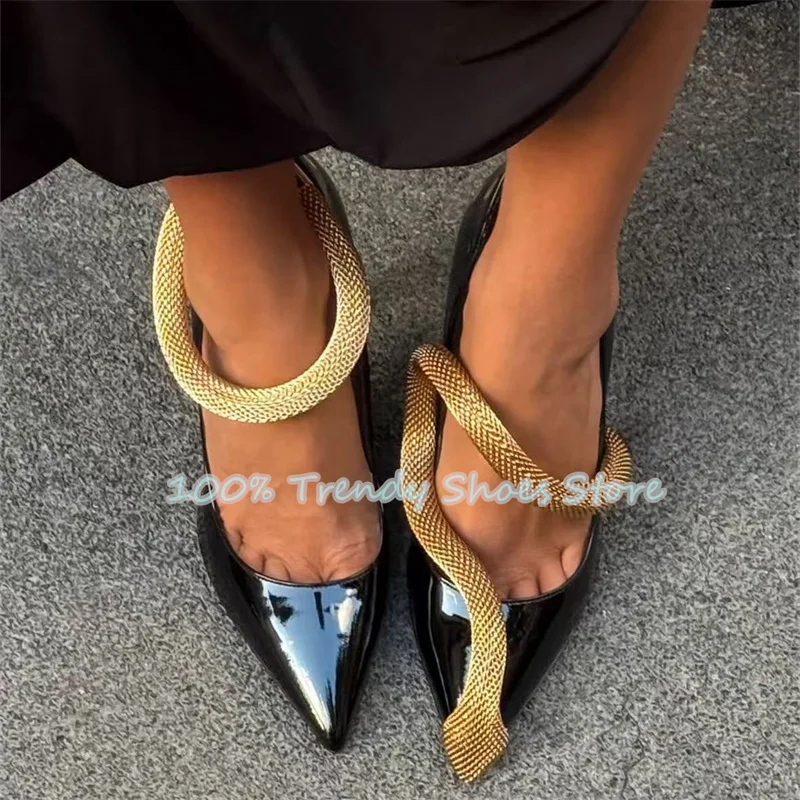 

Luxury Design Gold Snake Chain Decor Women Pumps Pointed Toe High Heel Shallow Ankle Buckle Strap Sandals Lady Party Dress Shoes