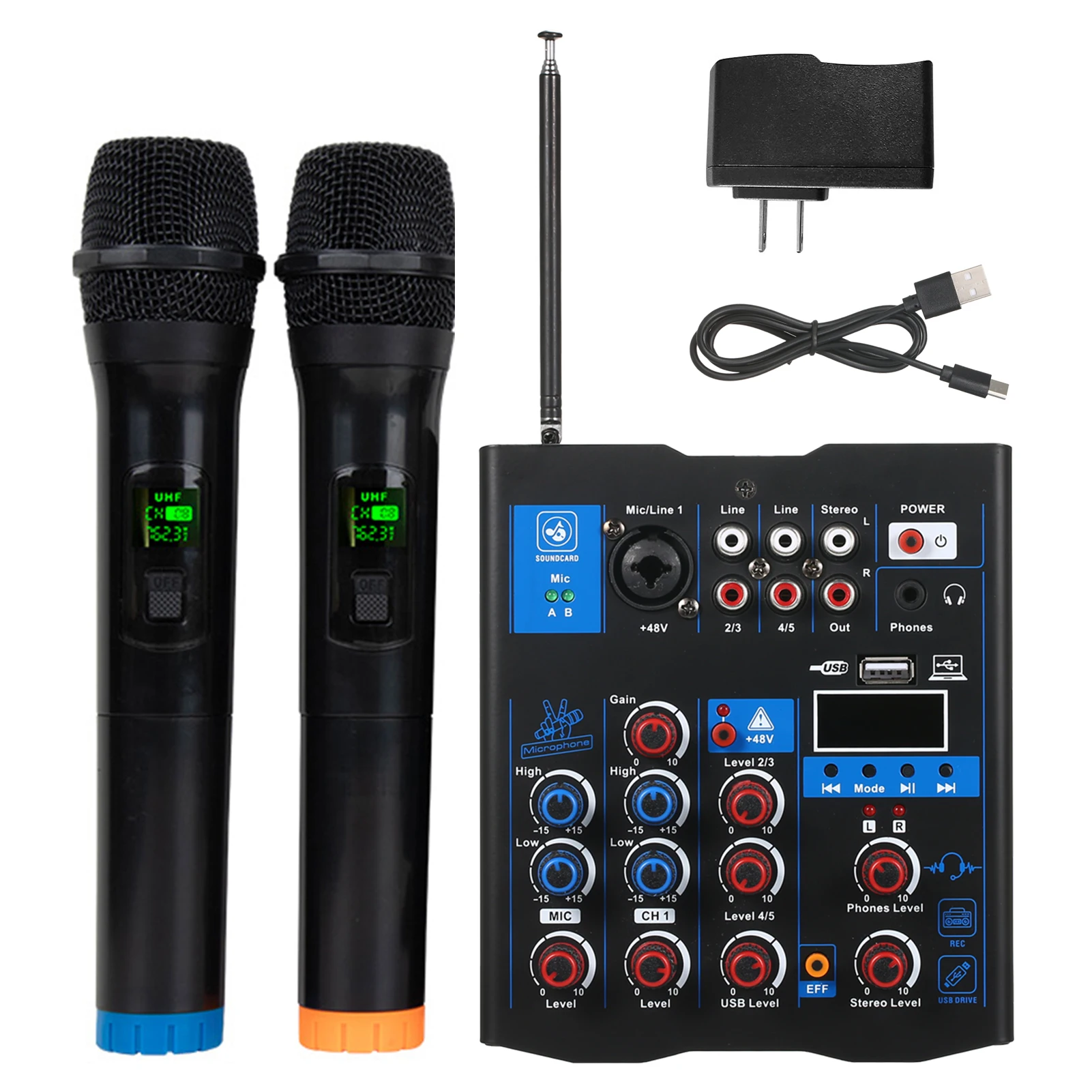 

Professional Audio Mixer Dual Wireless Microphone Sound Board Console System Interface 4Channel DJ Mixer Suitable for DJ Karaoke