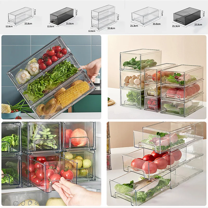 1 Pack Stackable Refrigerator Drawer Storage Box Clear Plastic Fridge Organizer Bins Food Grade Freezer Container for Kitchen