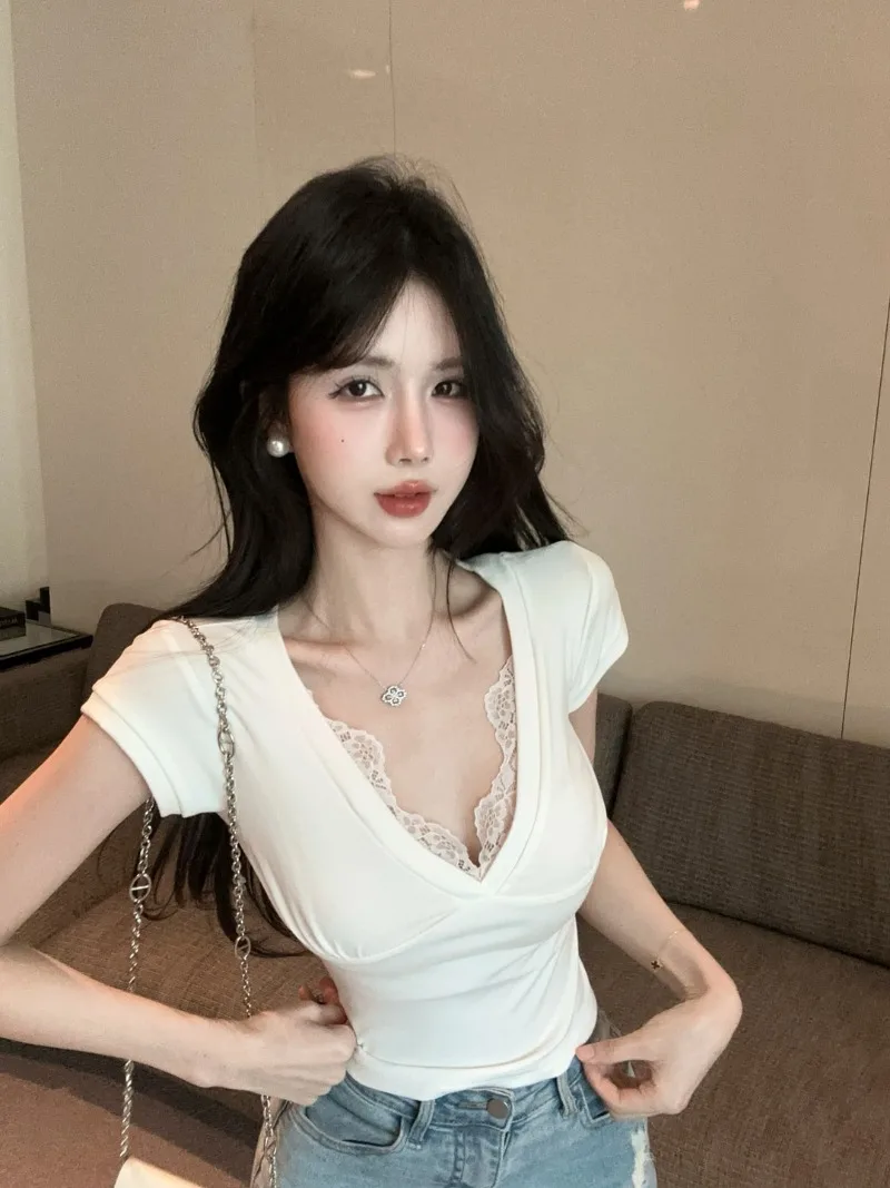 

Pure Sexy V-neck Lace T-shirt Women's Summer Patchwork Short-sleeved Slim Short Top Fashion Female Clothes