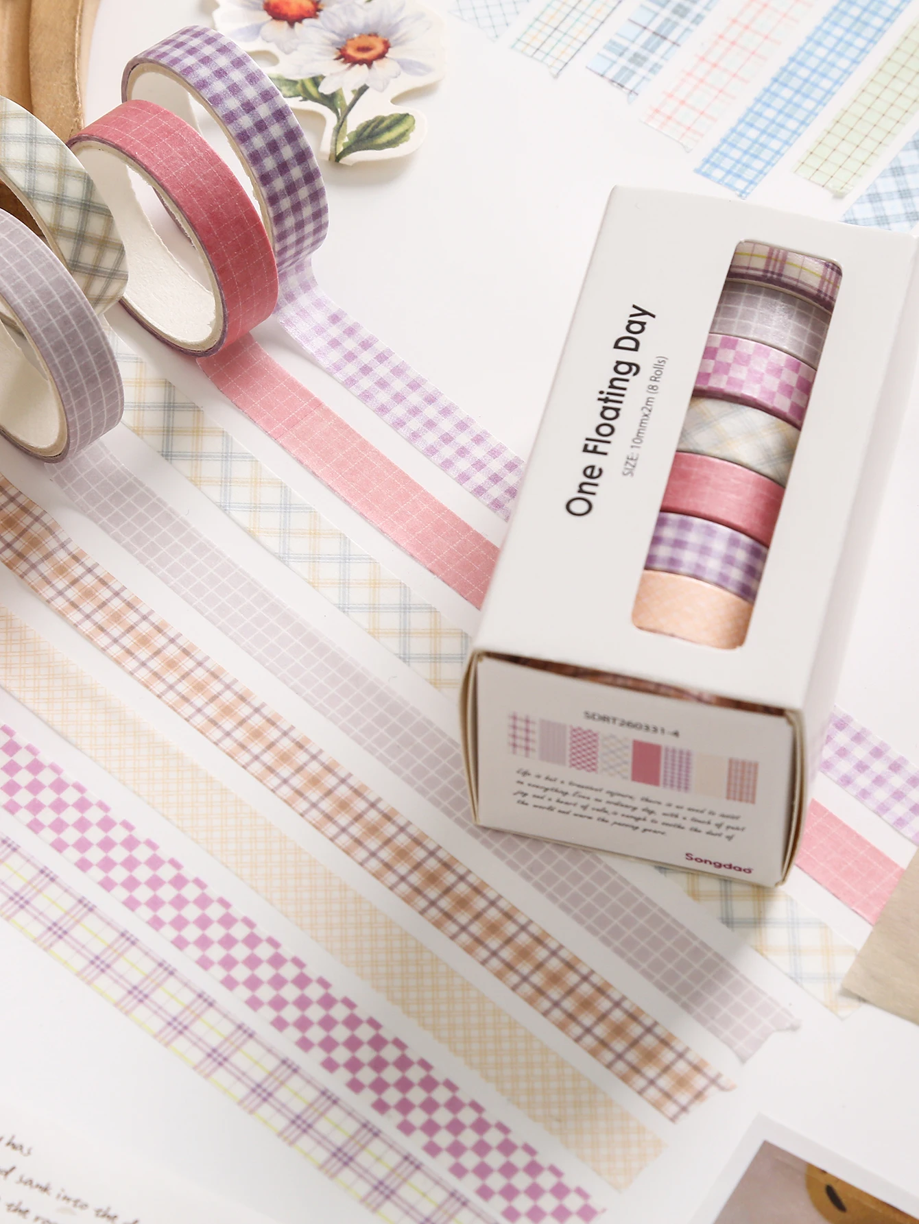 8 Rollen Ästhetisches Blumen-Washi-Tape-Set, Vintage-Blumen- & Karo-Dekorationsstreifen für Tagebuch, Planer, Scrapbook & DIY-Bastelarbeiten – Detail 7