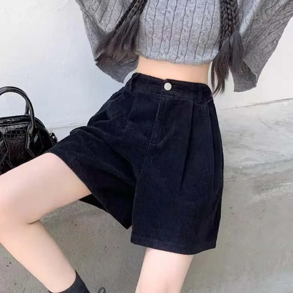 

Simple High Waist Women Corduroy Shorts Stripe Two Pockets Wide Leg Short Pants Large Size Elastic Loose Streetwear Beachwear