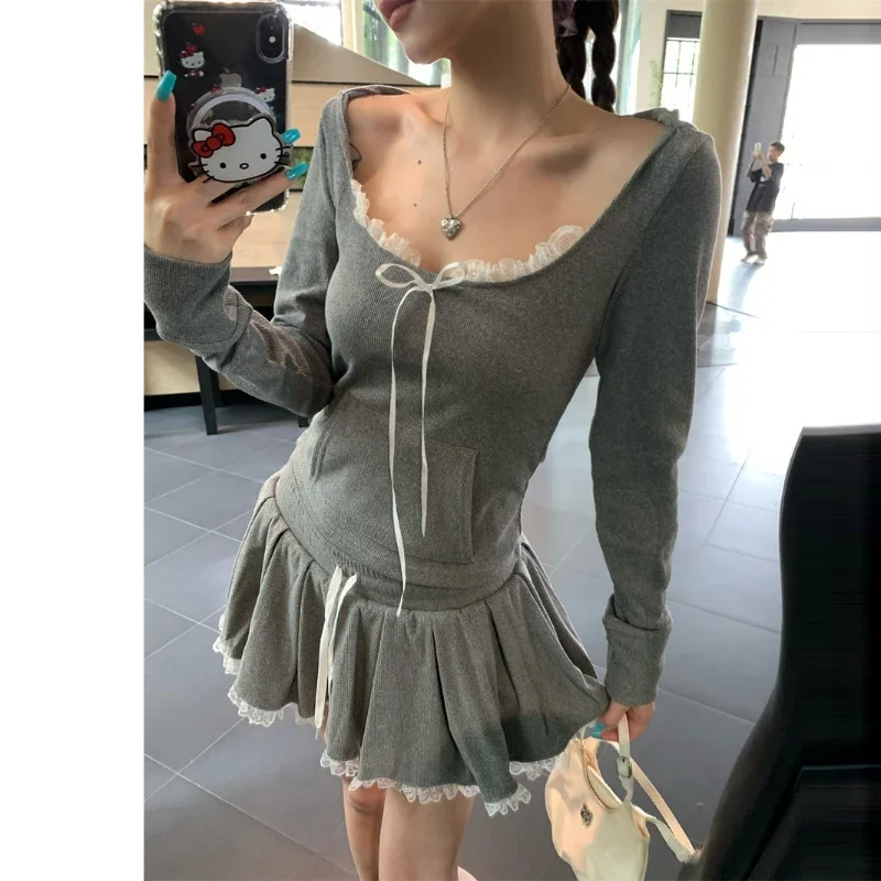 T-shirt Hooded Sweatshirt Lace Patchwork Gray Short Set for Women's Autumn A-line Skirt Casual  2 Piece Sets Womens Outfits