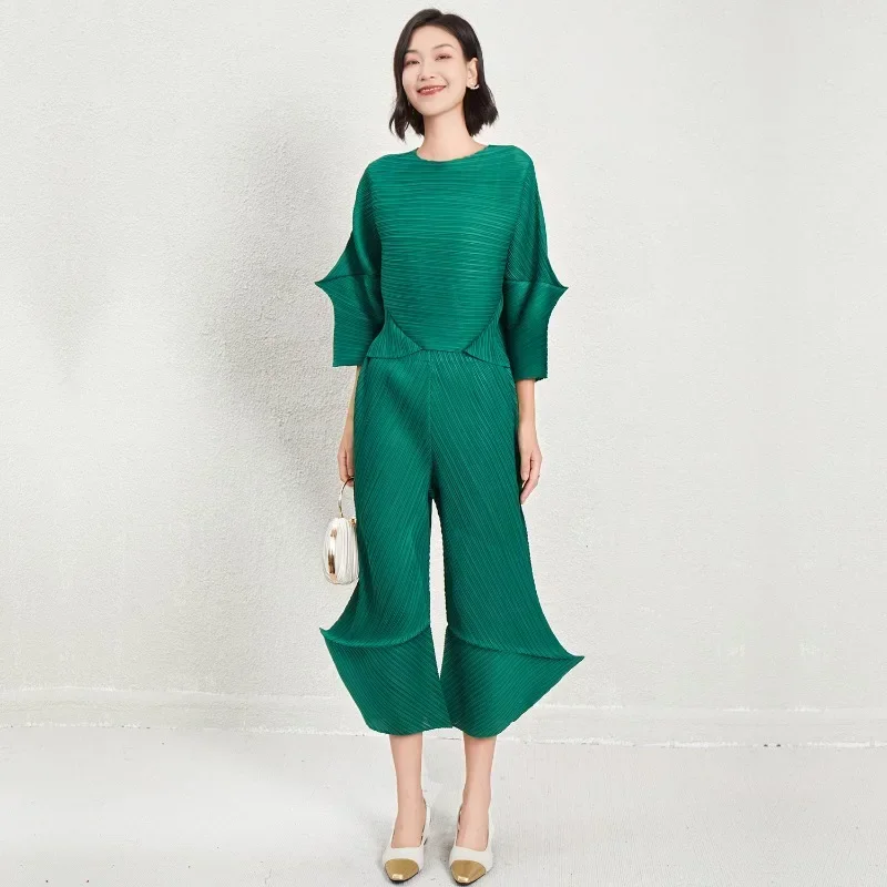 SMVP Geplooid damespak effen kleur ronde hals lange mouw top losse grote maat gevouwen broek 2025, lente herfst nieuwe vrouw