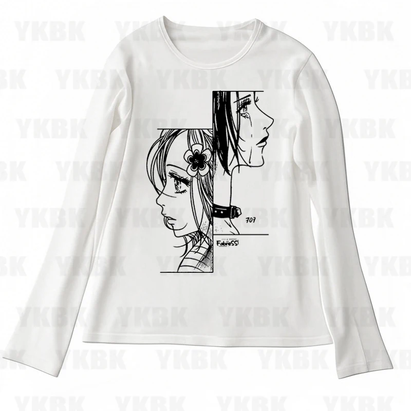 Harajuku Frauen Y2K Straße Harajuku Mode Spicy Girl Casual Top Langarm Retro Gothic Weiß Print Anime T-shirt Spicy Girl