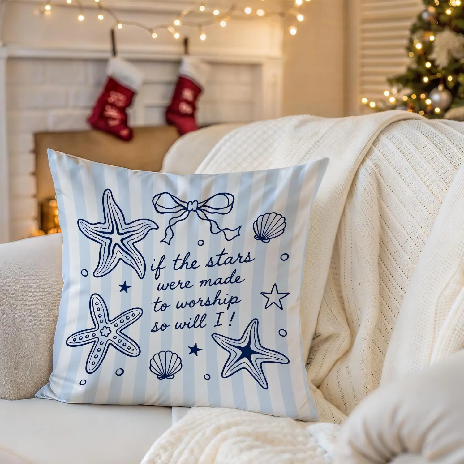 Best Coastal Stars Worship Throw Pillow Covers Blue Nautical Beach Starfish Ocean Quote Cushion Decor 40x40cm