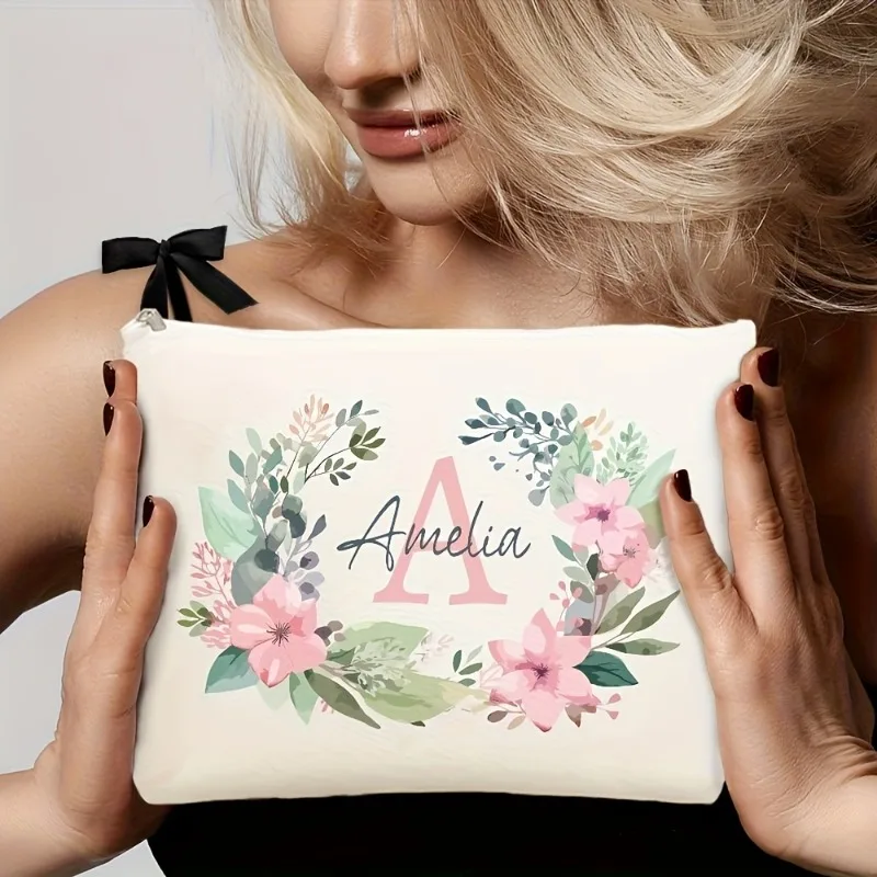 

Customized Personalized Watercolor Flower Cosmetic Bag Customizable Name and Letters Beige Background Pink Green Flower Design