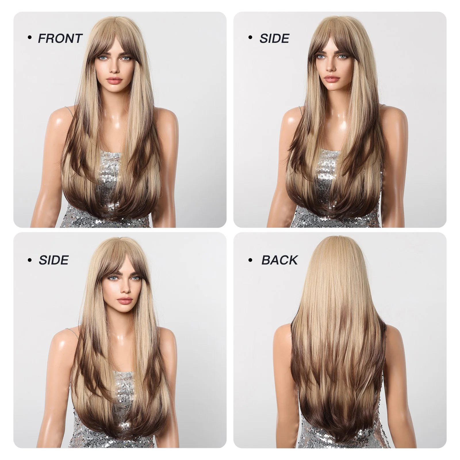 Long Straight Ombre Blonde to Brown Synthetic Layered Wig with Bangs for Women Heat Resistant Cosplay Party Daily Natural Hair