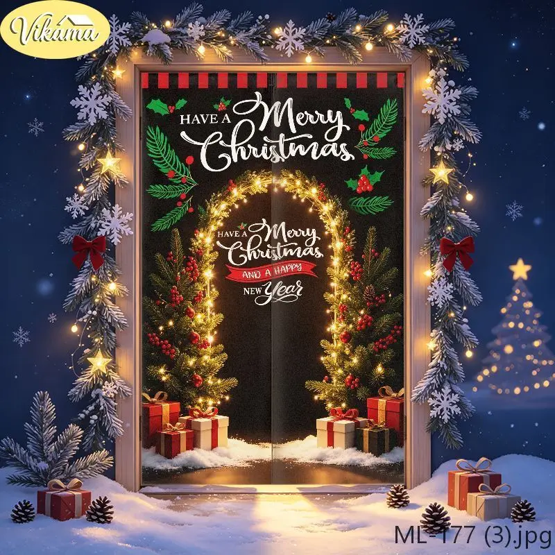 VIKAMA Christmas Door Curtain Light Arch Christmas Tree Holly New Year Door Hanging Home Winter Holiday Decor