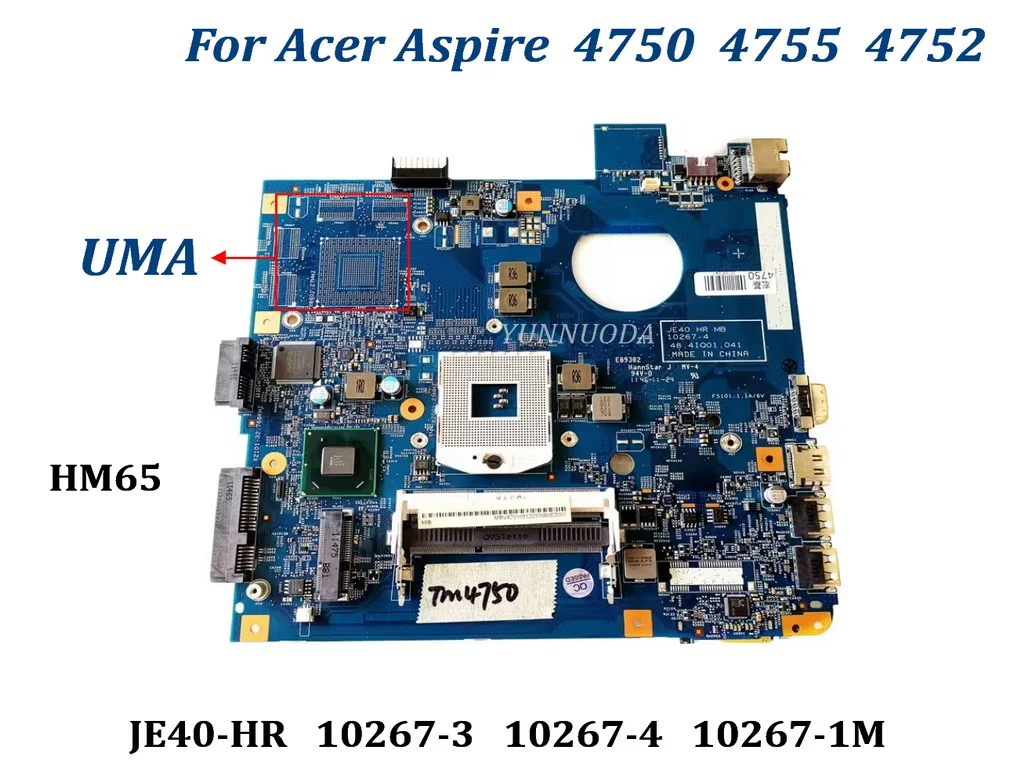 JE40-HR 10267-3 10267-4 10267-1M  For Acer aspire 4750 4755 4752 Laptop Motherboard  HM65 DDR3 GT540M 1G GPU UMA  100% Tested