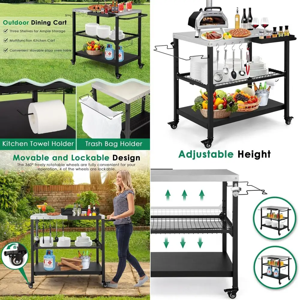 

36-дюймовый стол для пицца-овен из нержавеющей стали с блокирующимися колесами, металлическая кухонная тележка-остров, черный