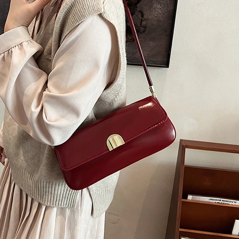 French Red Underarm Bag for Women Luxury Designer Party Handbag Texture Glossy PU One Shoulder Bags 2025 Spring Summer New