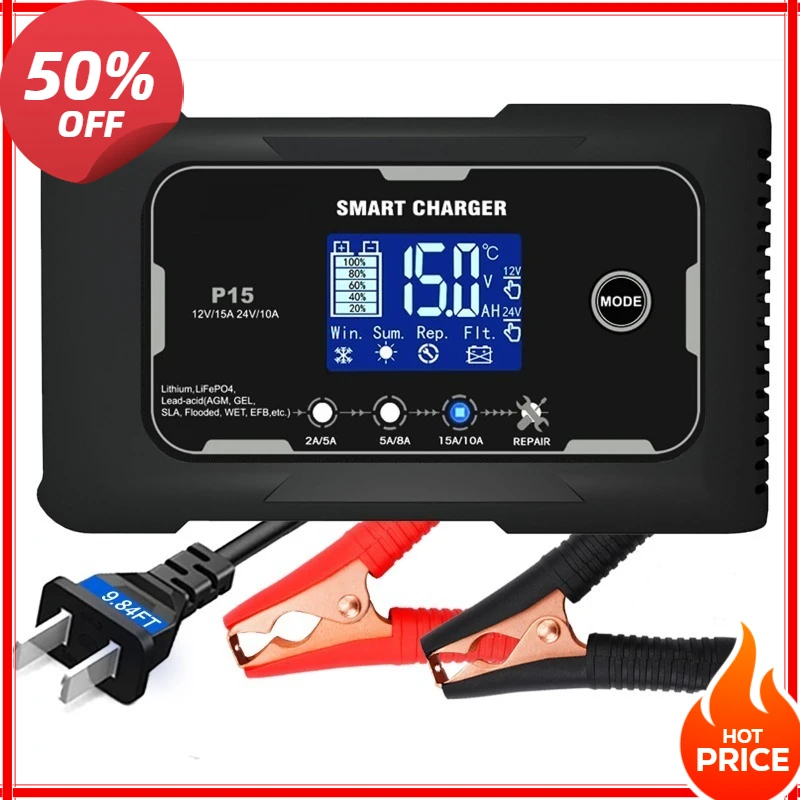 

For Lifepo4 AGM Lead-Acid Lithium Battery 12V-24V 35A/25A/20A/15A/10A Car Battery Charger LCD Automatic Pulse Repair Charge
