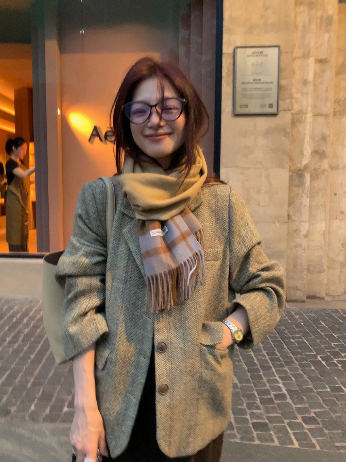 

SISILYON STUDIO Retro Sle Women's Woolen Suit Jaet Thien Houtooth Pattern Coat Long Sve Casual Commute Workwear