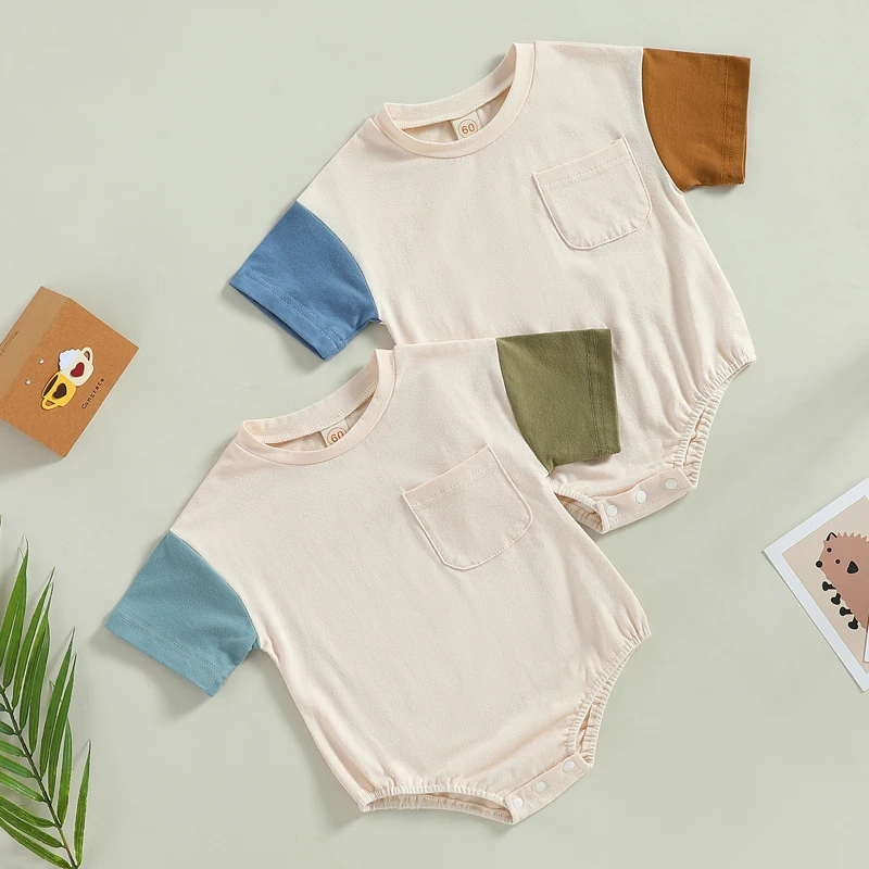 

2023-01-06 Lioraitiin 0-24M Kid Girl Boy Girl Bodysuit Short Sleeve Round Neck Patch Color Short Jumpsuit Tops