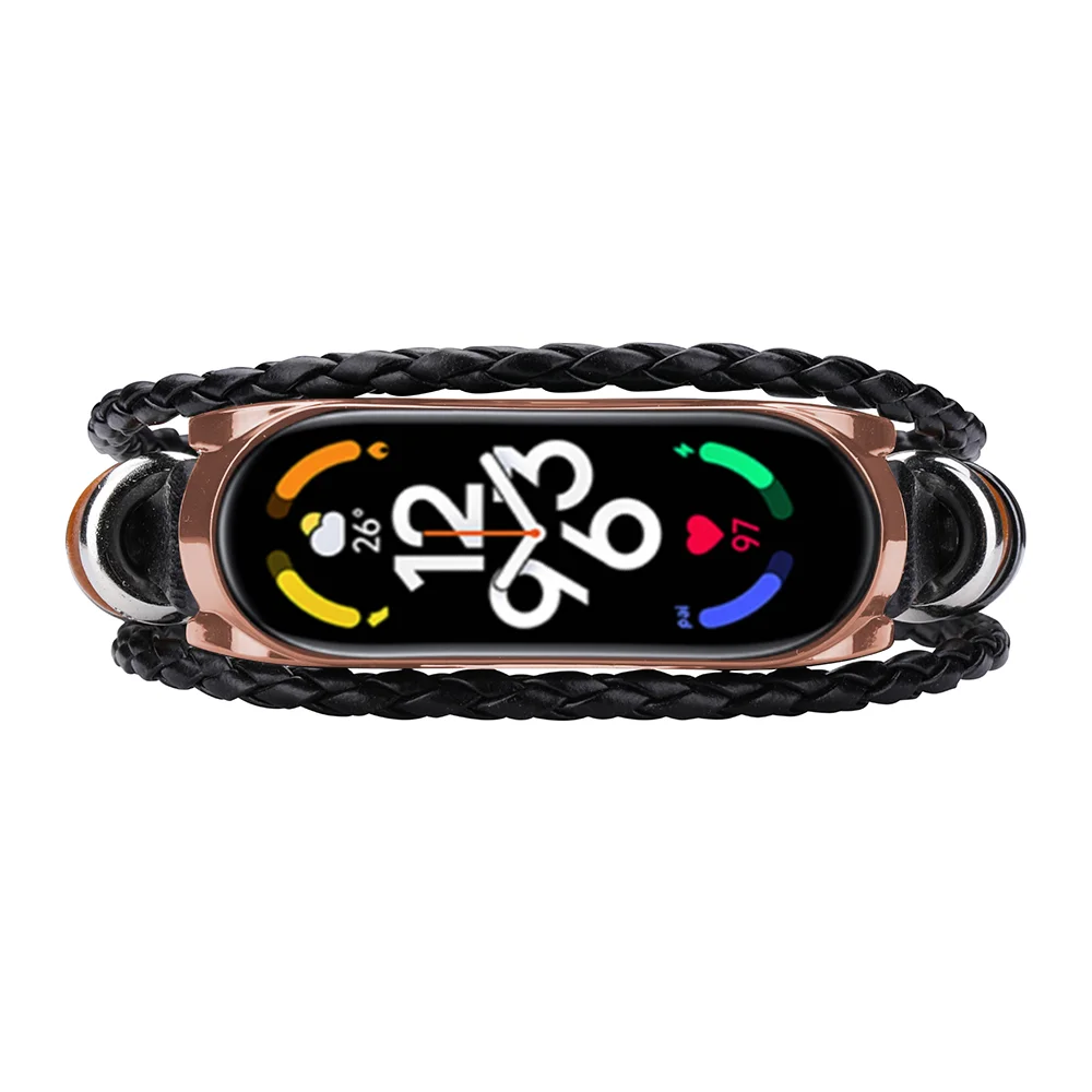 Correa de cuero para Xiaomi Mi Band 7, 6 y 5, pulsera de repuesto Vintage para reloj inteligente deportivo, con abalorios, a la moda