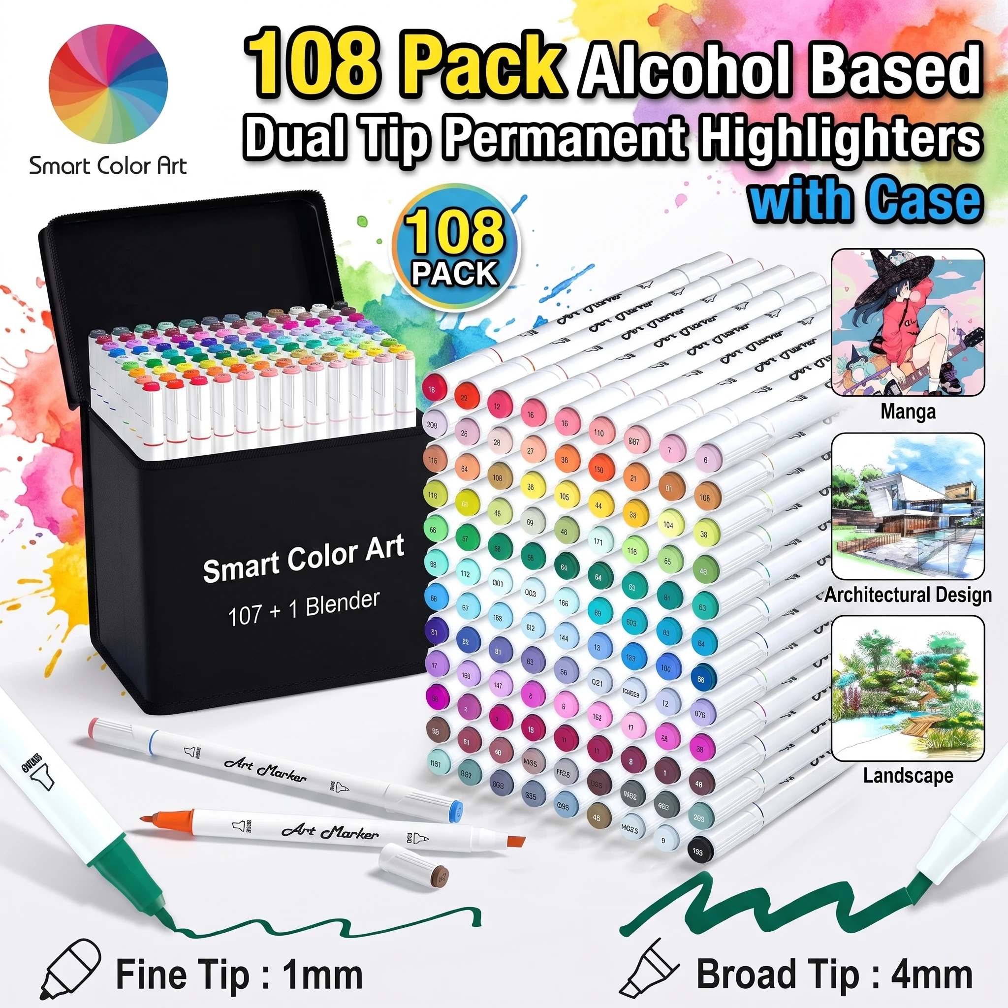 Smart Color Art 108 Pack Art Markers, 107 Alcohol Based Marker Pens and 1 Blender, Dual Tip Coloring Permanent Markers Highlighters with Case, Excellent for Adults Kids Marking Drawing Sketching