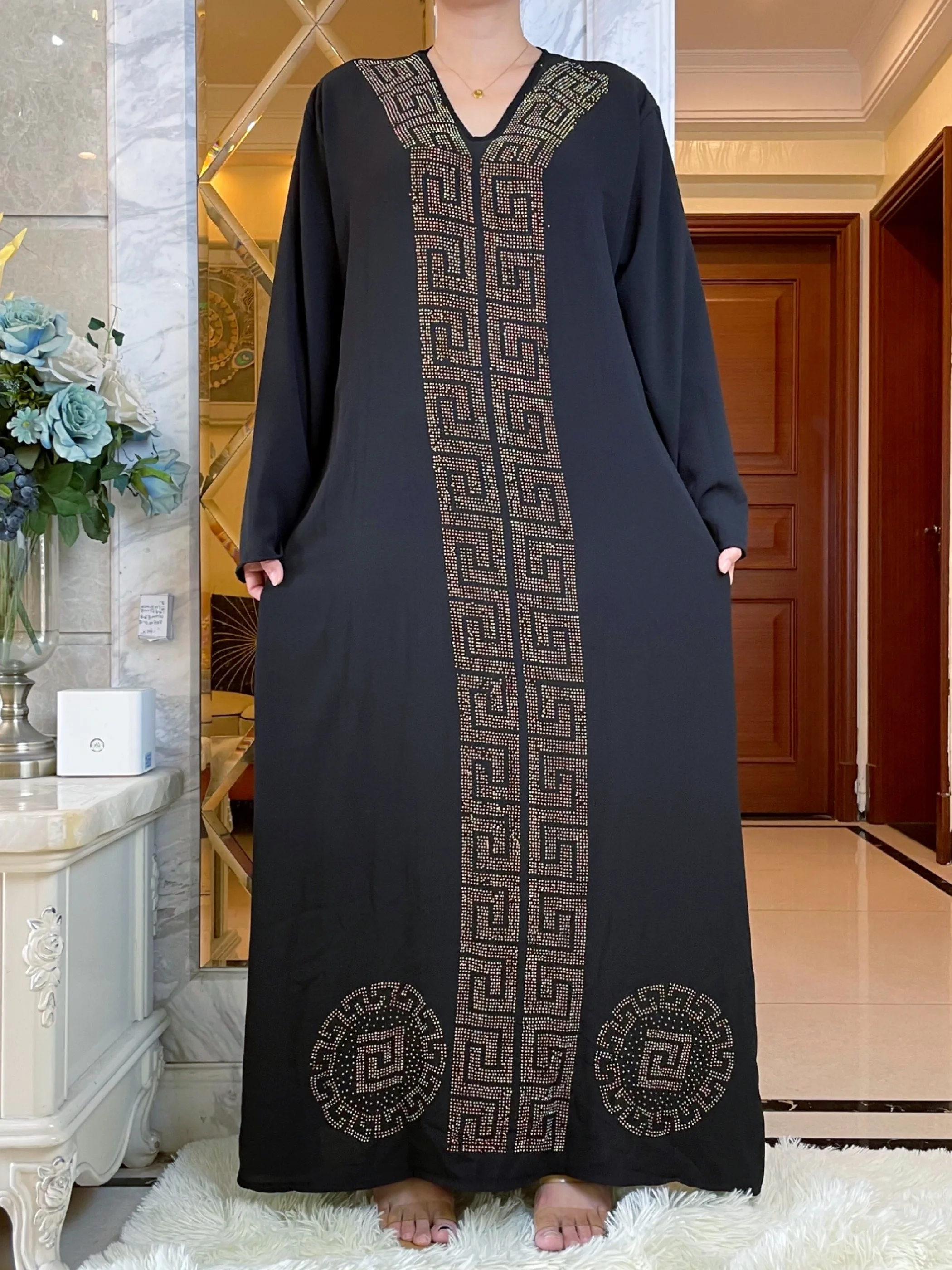 New African Autumn Abaya For Women Dubai Islamic Dress Black Diamonds Long Sleeve  Arab  Muslim Evening Dress Party Clothing