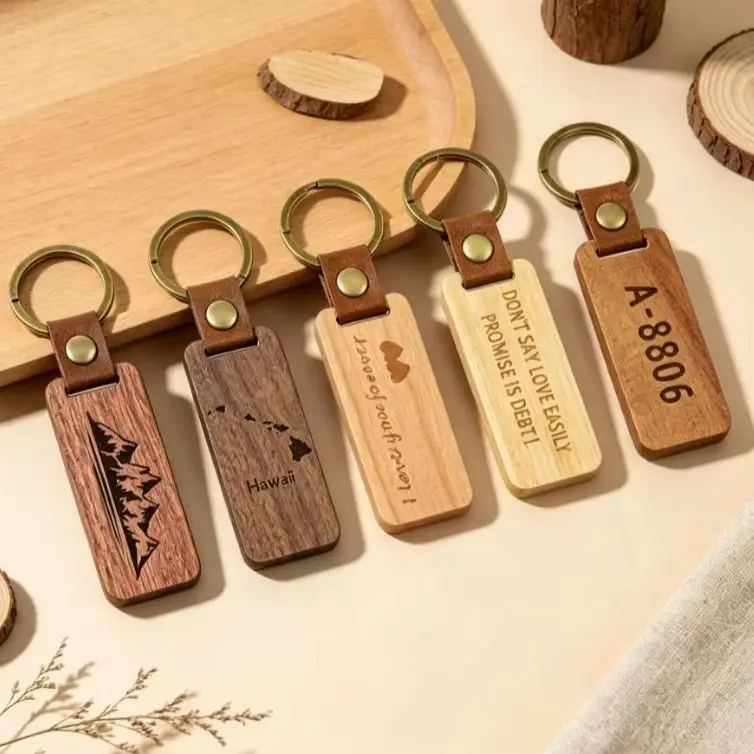 Customized Wooden Keychain Blank Natural Wood Keyring rectangle Laser Engraved Car Key Chains for Friends Lovers Family Gift