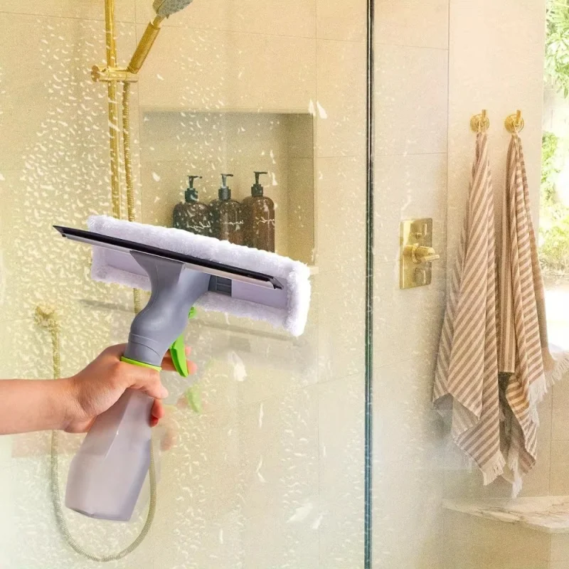 Spray Scraper Brush Water Spray Window Cleaner Glass Scraping Wiper Microfiber Cloth Pad Kit Household Cleaning Tool 3 in 1
