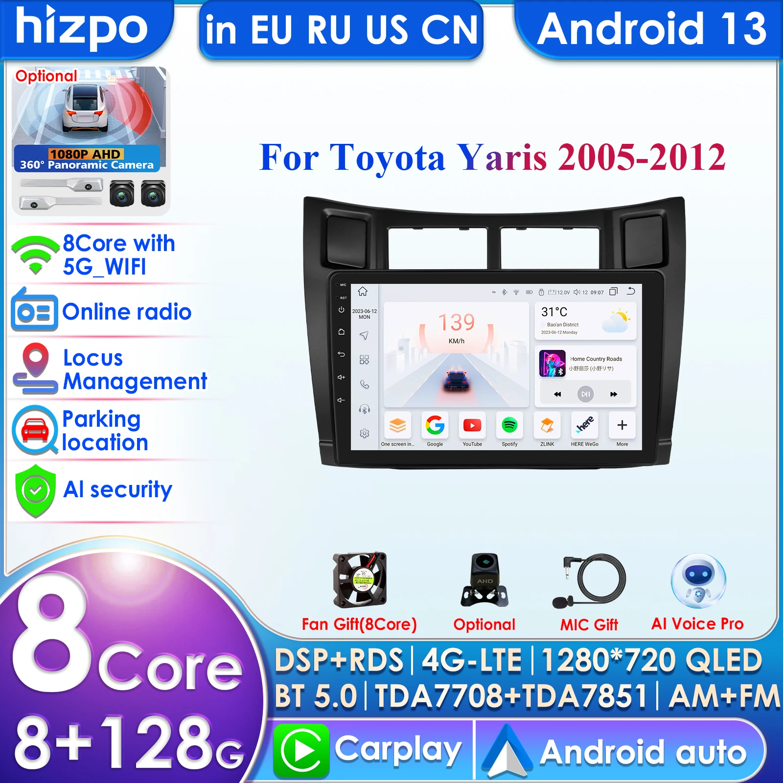 

9''7862 Intelligent Screen 2din Android 13 Car Radio Multimedia Video Player for Toyota Yaris 2005-2012 GPS Carplay Auto 4G RDS