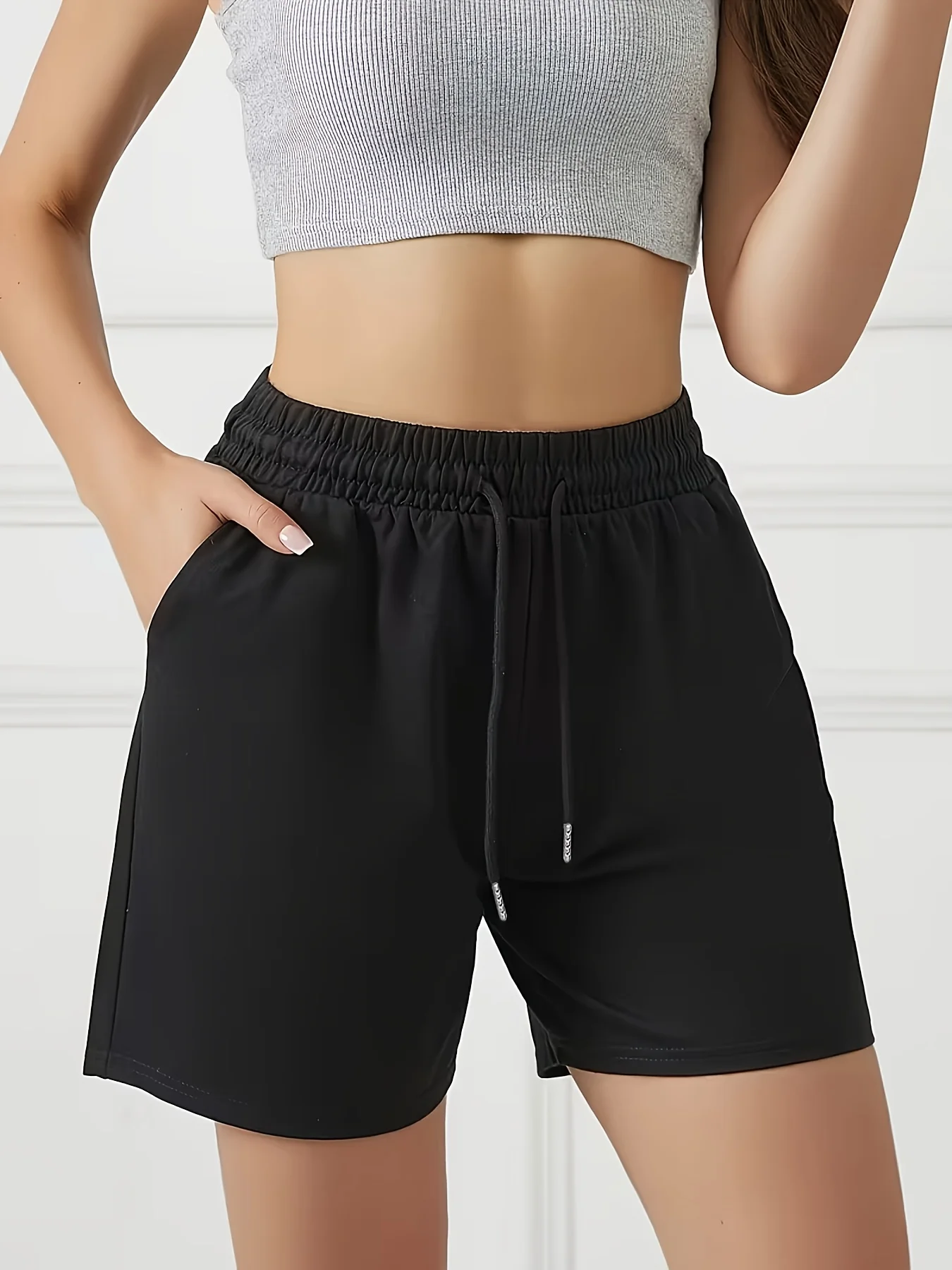 Women's Summer Shorts Solid Color Elastic Waist Drawstring Sports Pants Exercise/Yoga Capri Pants Loose Fit Casual Pants