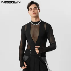 INCERUN erkekler Bodysuits Mesh Patchwork şeffaf balıkçı yaka uzun kollu seksi tulum T Shirt erkekler 2023 spor parti Bodysuits