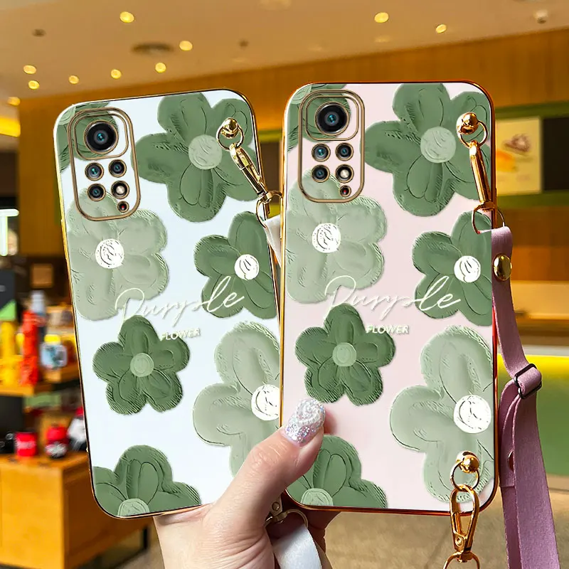 Green Flower Lanyard Plating Phone Case For Xiaomi Redmi Note 11 11S 11Pro 11SE 11T 11TPro 11TProPlus 12 12R 12Pro 10Pro Cover